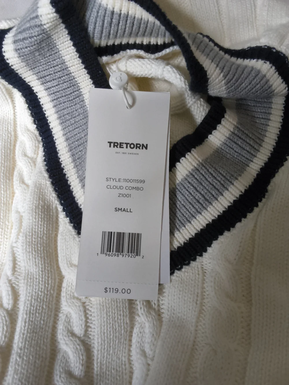 Tretorn Cable-Knit V-Neck Sweater in Cream with Contrast Trim